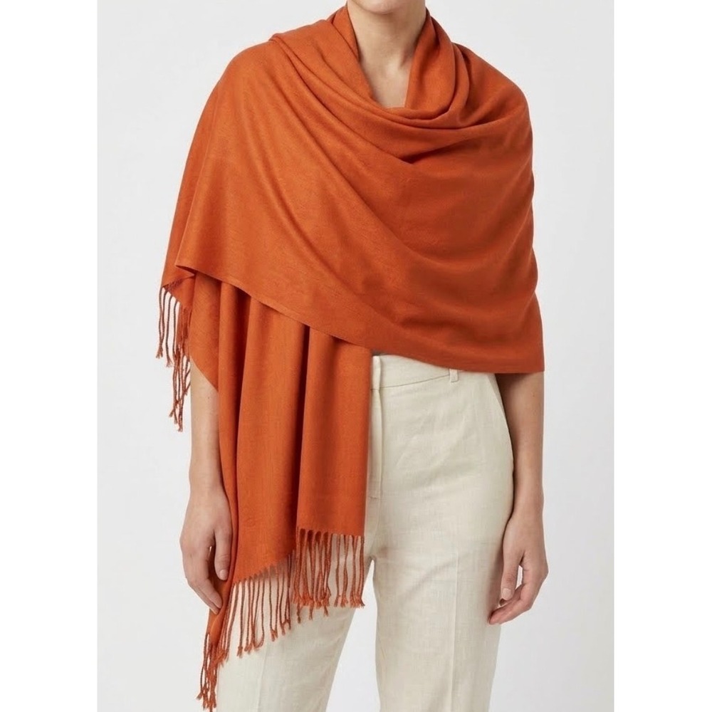 Fall Orange Pashmina Scarf Wrap with Fringe Buttery Soft Cozy Autumncore 25x72